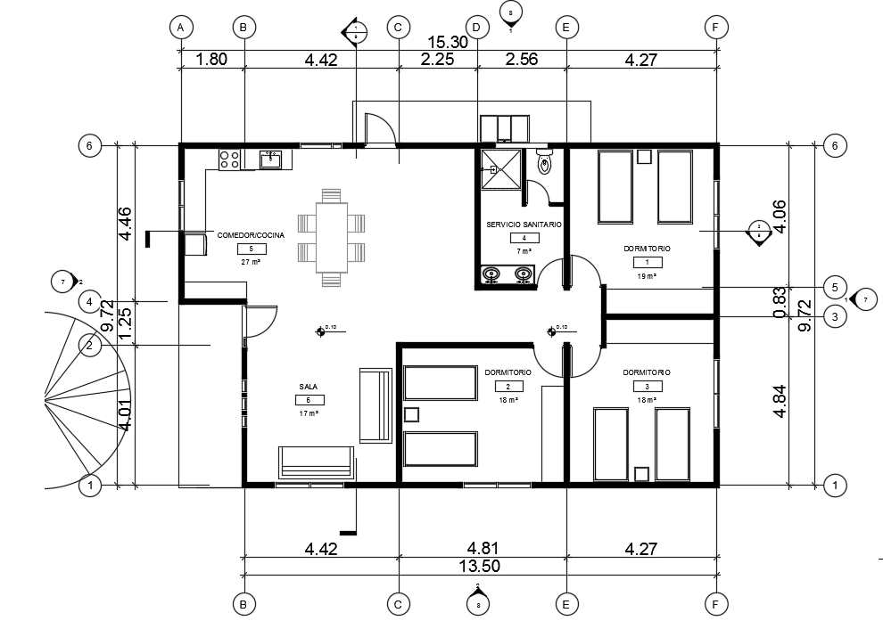 Residential 3BHK House Design in 15x10m DWG CAD Layout