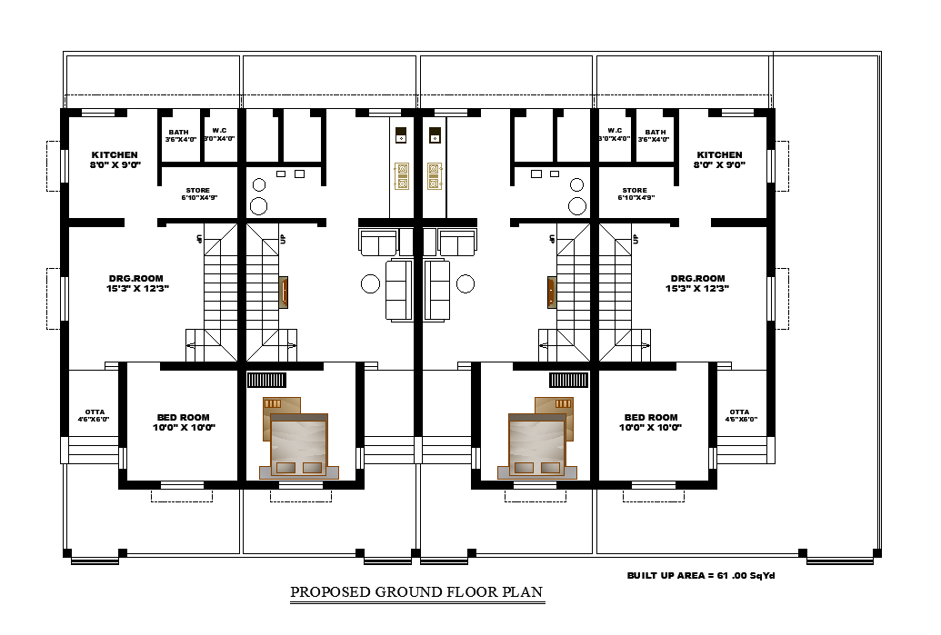 15'X45' Row House Ground Plan AutoCAD Drawing Download DWG File
