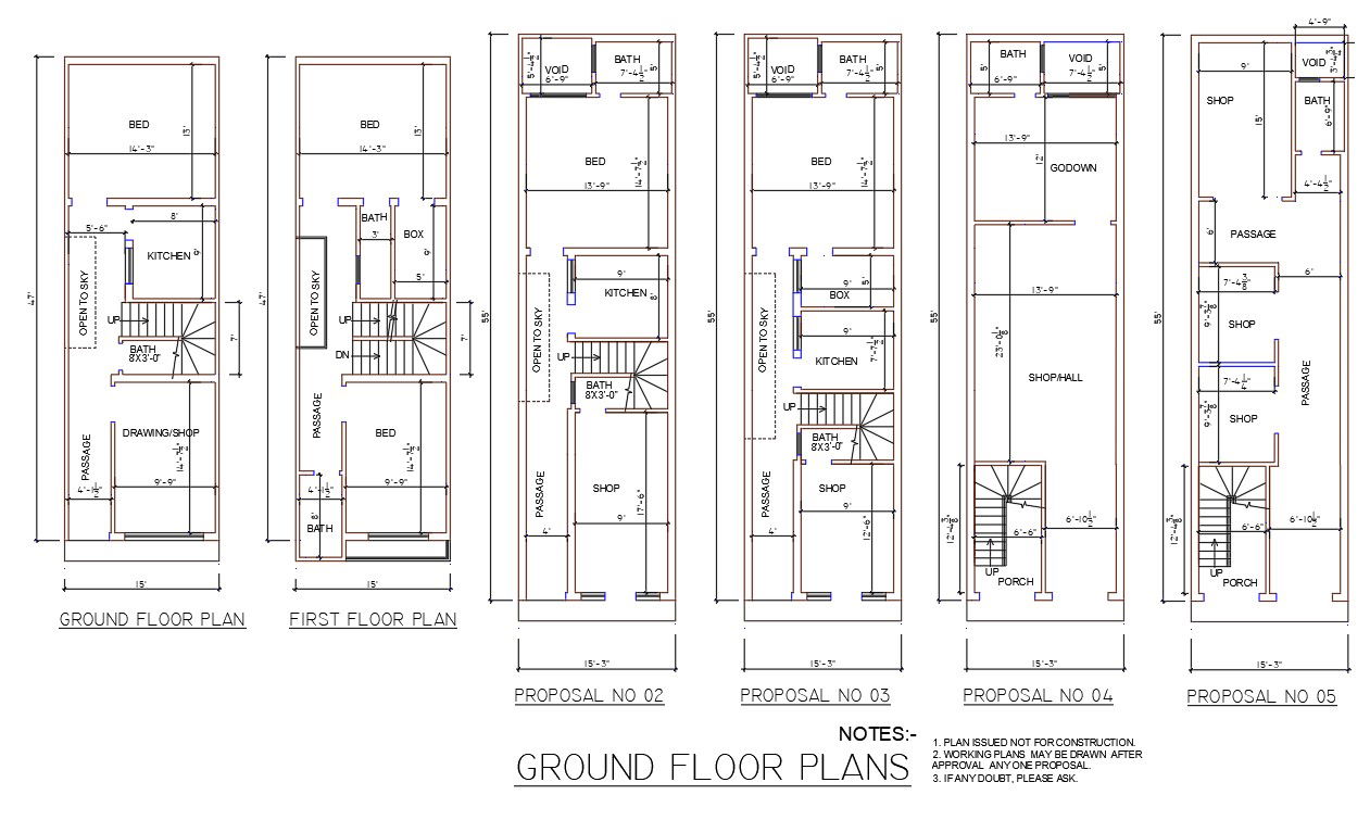 15'X47' Six types of House plan AutoCAD DWG file. Download the AutoCAD Drawing file.