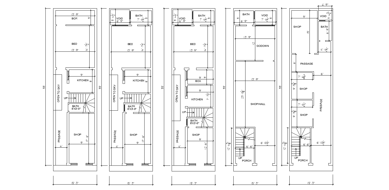 15'X55' five different ideas of single BHK House plan with a shop in front AutoCAD DWG file. Download the file.