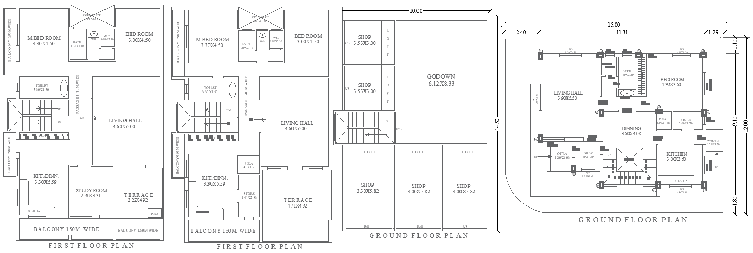 DWG Layout 15ftx12ft Mixed-Use House with Shop Design