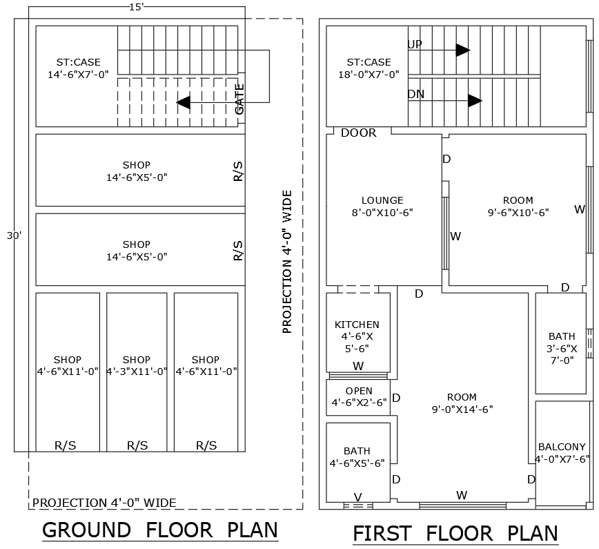 15x30ft DWG shop plan with 2BHK first floor house design