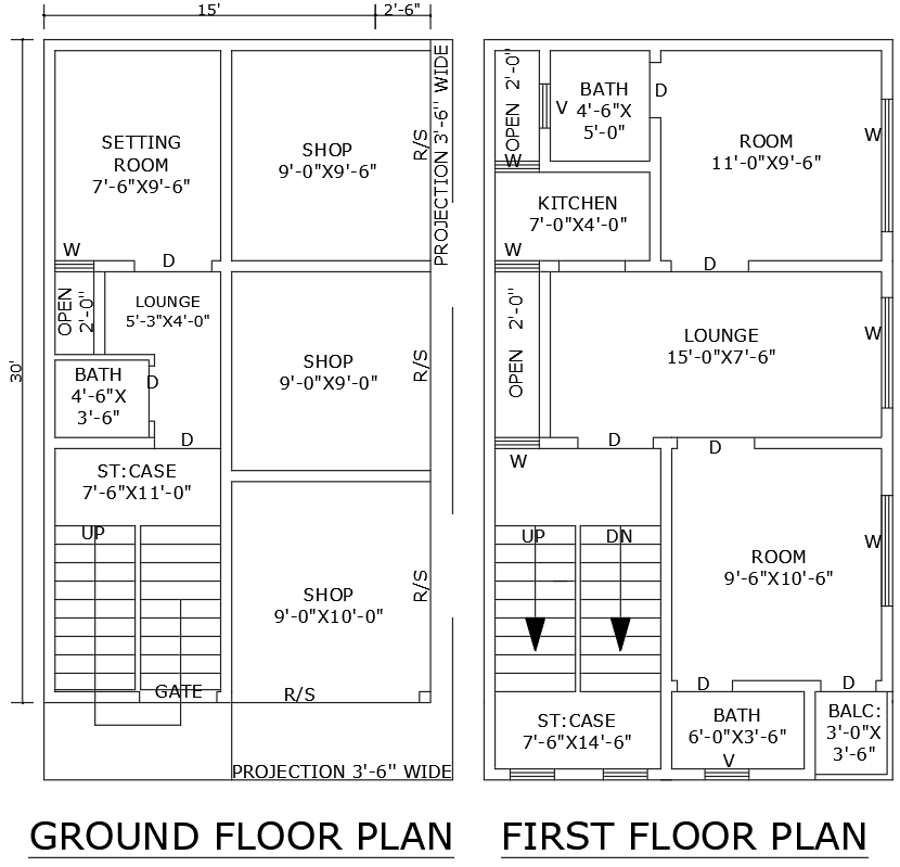 15x30 ft shop and house plan DWG with ground floor design