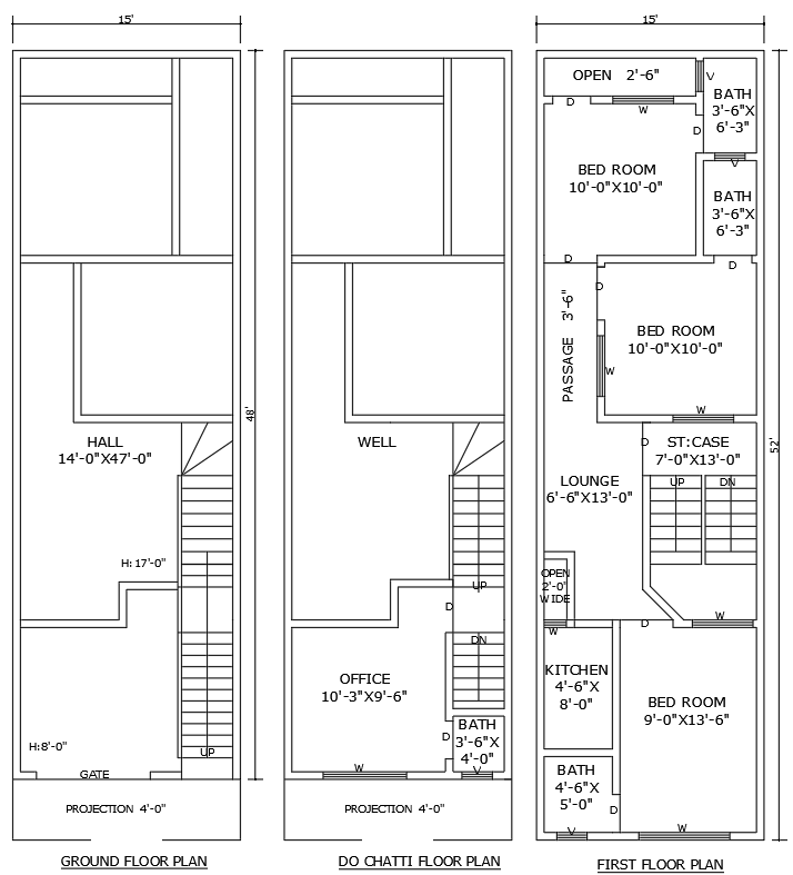 15x48ft 3BHK house plan DWG with office and hall layout
