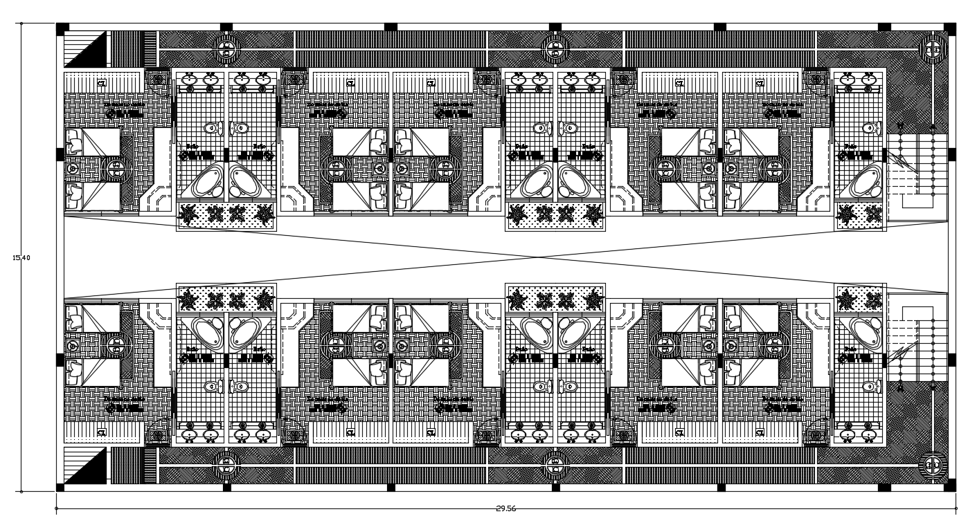 15m X 30m Hotel Bedroom Interior Design Layout Plan CAD Drawing DWG File