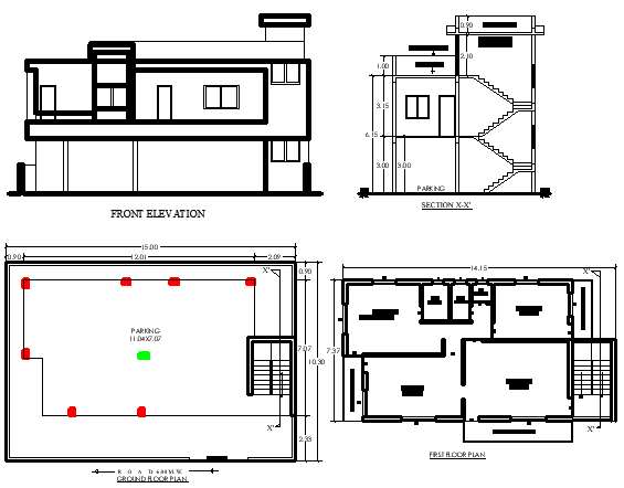 15m×10.30m 2 BHK First Floor Plan in CAD File with Ground Parking
