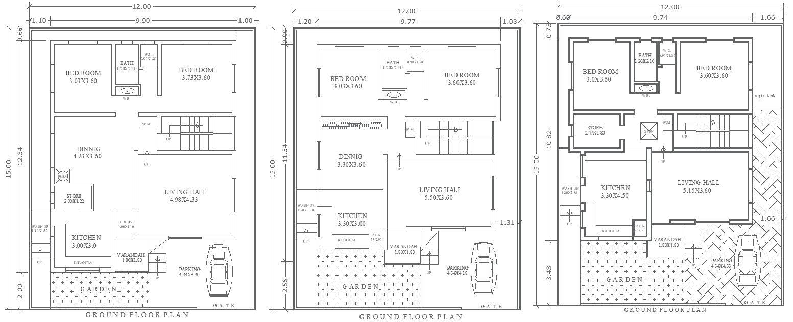 15m×12m AutoCAD Drawing with 3 Ground Floor Plan Idea