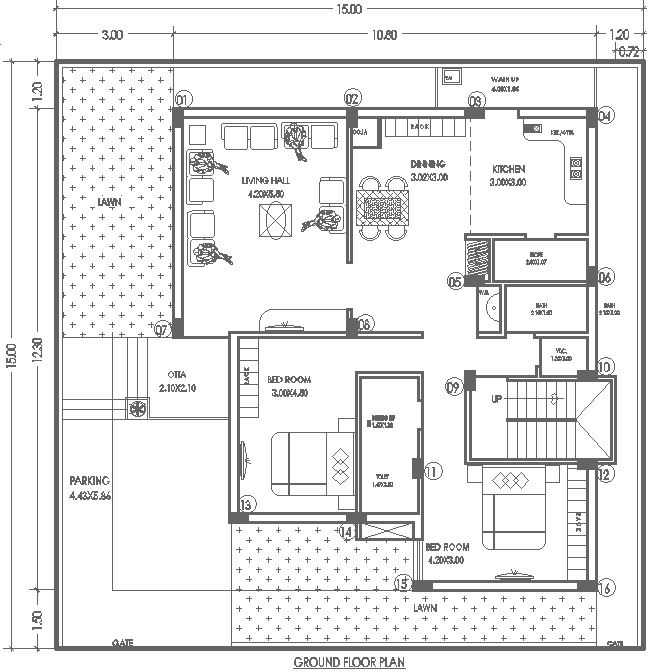 15mx15m Modern 2BHK Ground Floor House Layout in DWG File