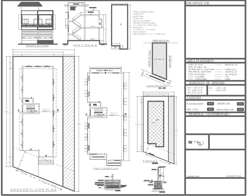 15m x 27m Two-Floor Hall Layout Plan with Elevation, Section & Site Plan Details - AutoCAD DWG