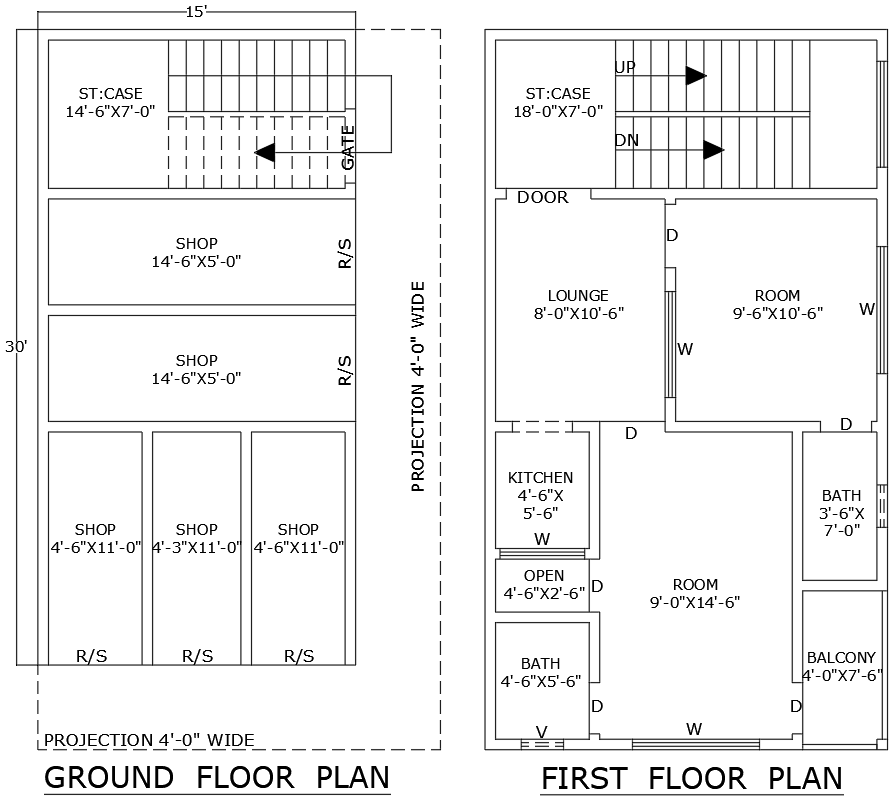 15mx30m 2BHK house and shop plan DWG floor design