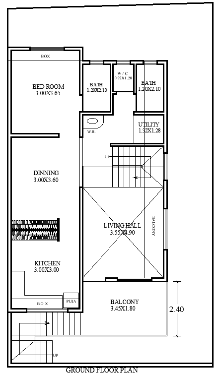 15m×9m Ground Floor 1BHK House Plan in DWG Drawing File