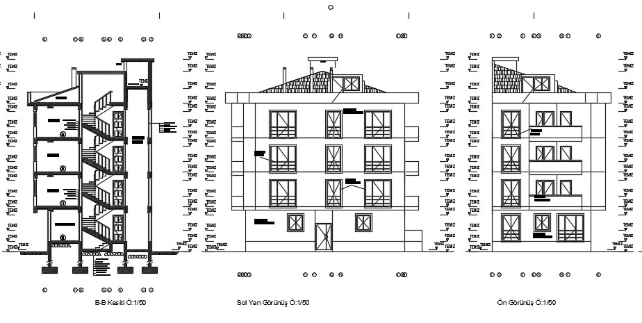 15x10m apartment building main elevation view is given in this model