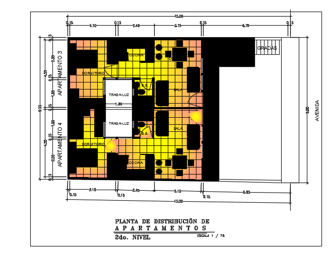 15x10m architecture twin house first floor plan cad model is given in this file