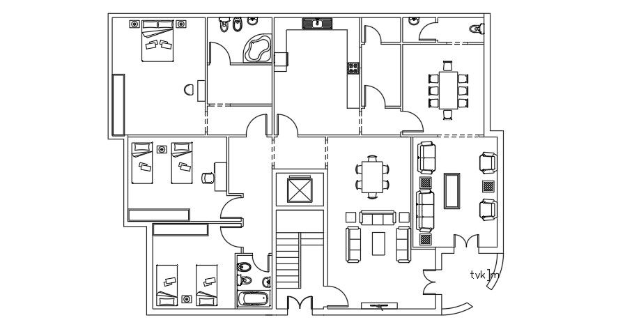 15x14 Meter House Furniture Layout Plan AutoCAD File