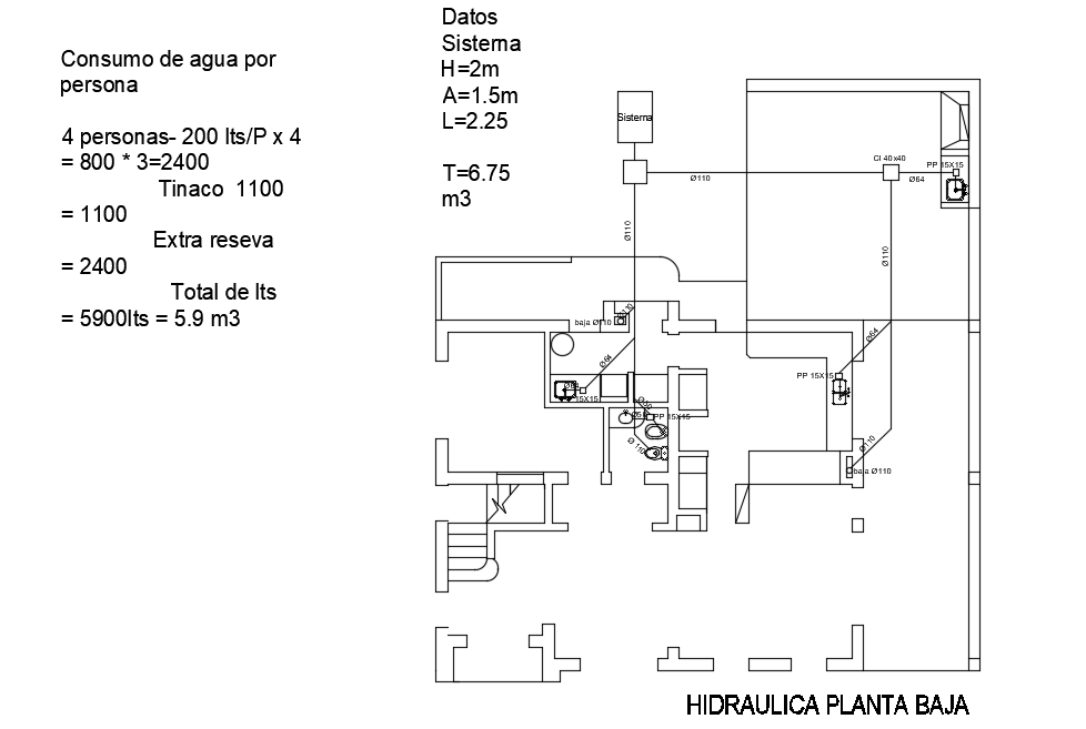15x14m ground floor house plan hydraulic layout cad drawing