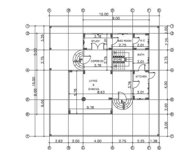 15x15m duplex ground floor villa house plan AutoCAD drawing