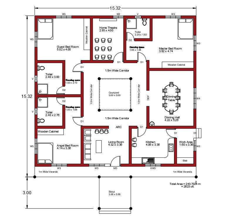 15x15m luxury house plan with home theatre CAD drawing