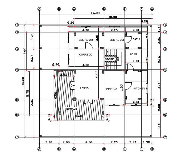 15x15m two story first floor house plan AutoCAD model is given in this file