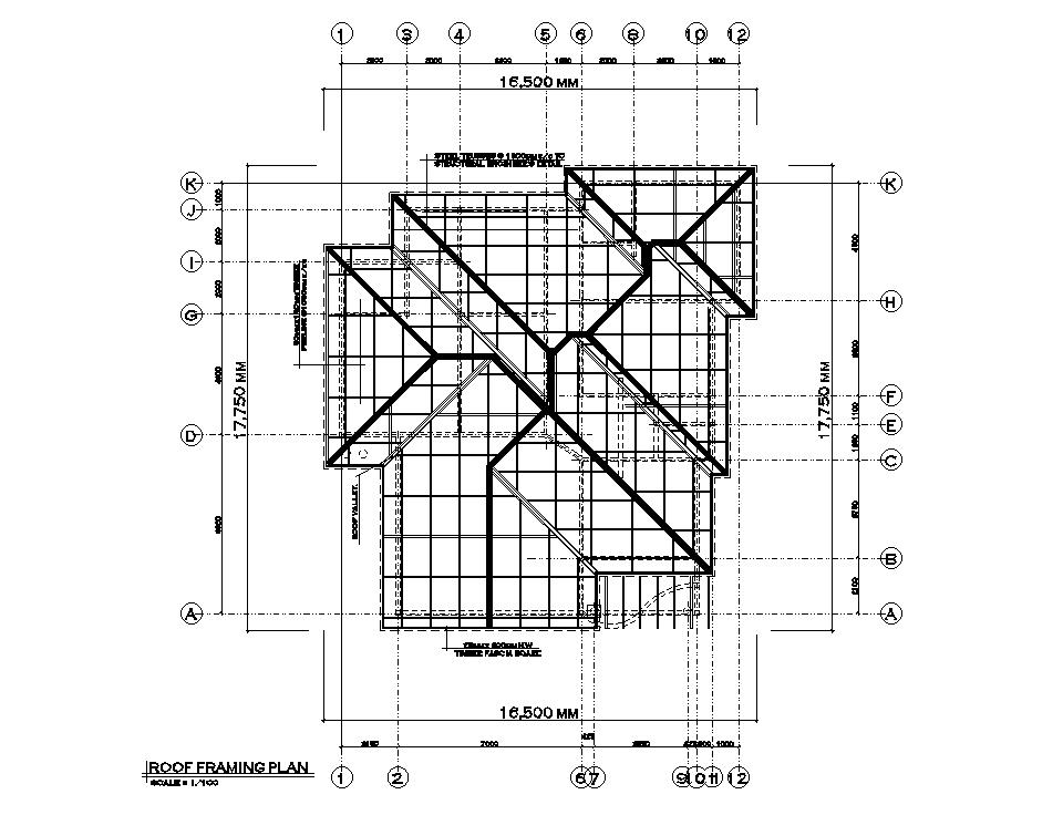15x17m house plan of roof framing detail is given in this Autocad drawing file. Download now.