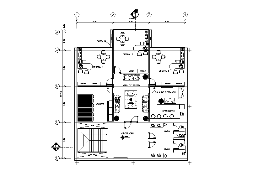 15x17m office plan is given in this Autocad drawing file. Download now.