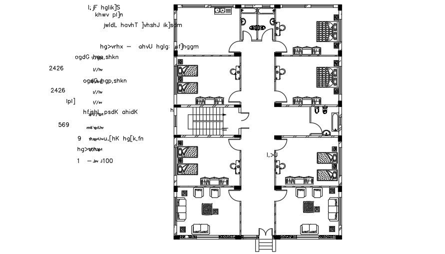 15x20 Meter 4 BHK Furniture Layout Of Apartment CAD File