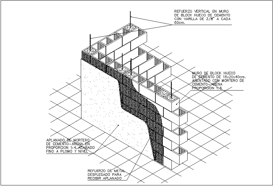 15x20x40 size block for cement wall detail isometric view dwg file