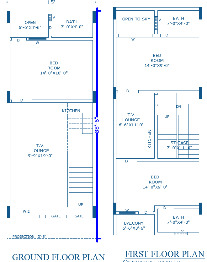 Detailed 15?×38?6? Two-Storey House Plan in AutoCAD File