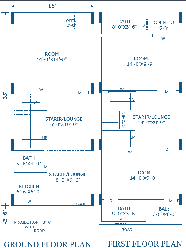 Compact 15×38 ft Residential House Plan in AutoCAD File