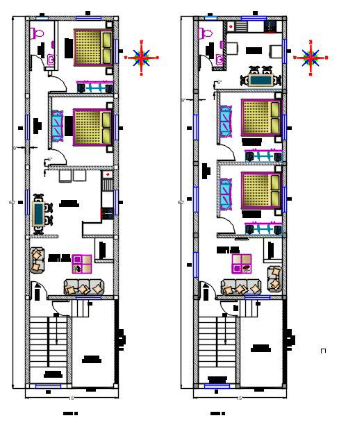 15 x 60 feet House plan drawing dwg file