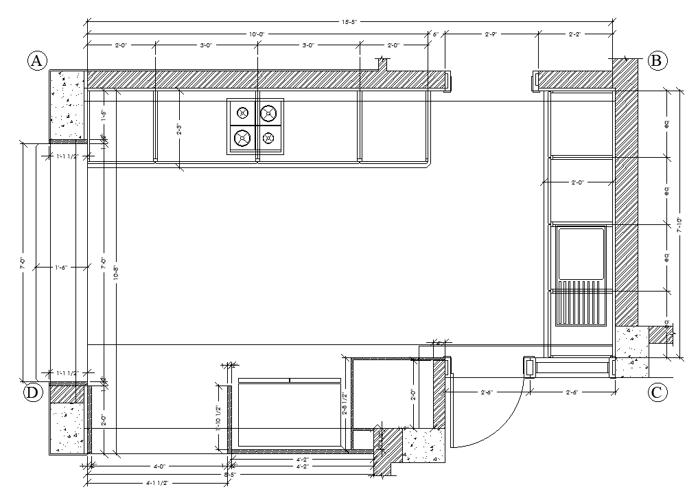 15’x7’ kitchen plan is given in this Autocad drawing file.Download now.