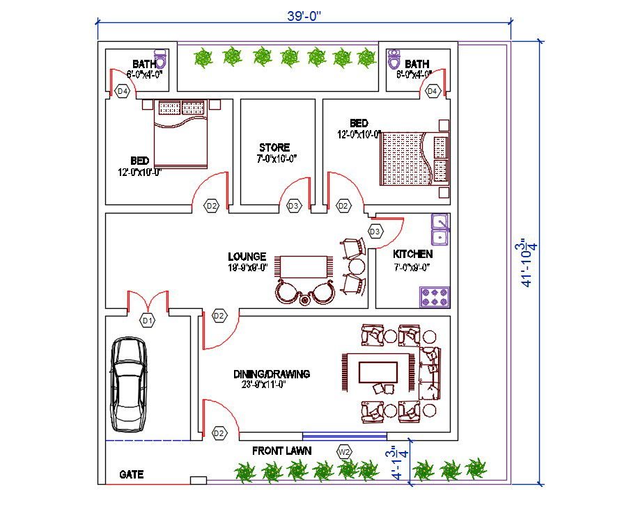 1600 SQF House Ground Floor Plan With Furniture Layout Plan