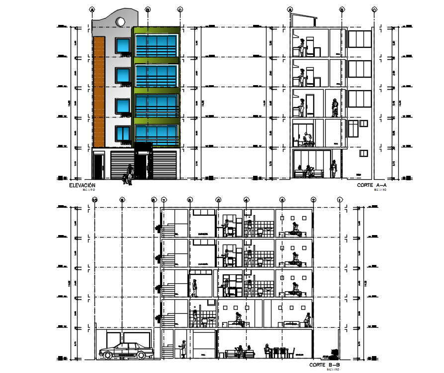 160 Square Meter Apartment Building Elevation And Section Drawing DWG File