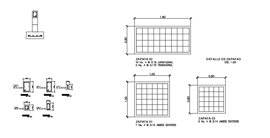 160x80cm foundation and column cross sections and plans are given