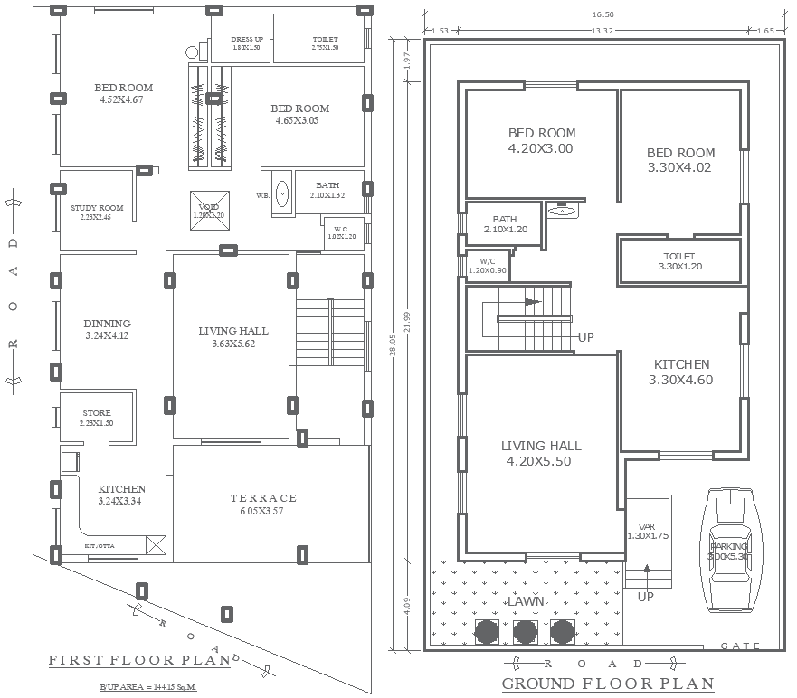 16.50mx28.5m 4BHK House Plan with Two Floors in DWG File