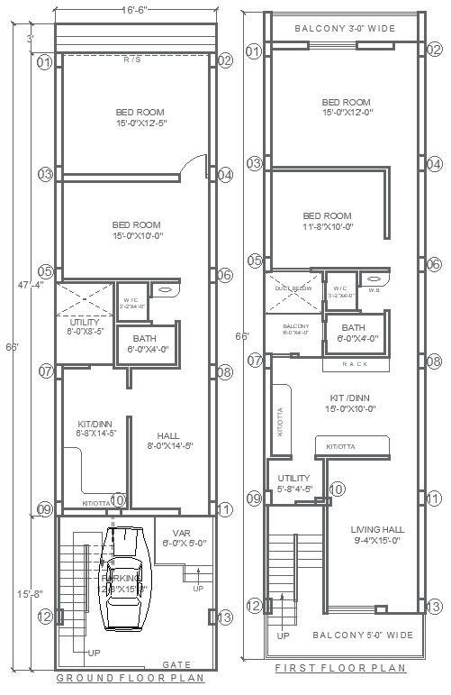 AutoCAD DWG of 16.6ftx66ft 4BHK Home Layout Plan