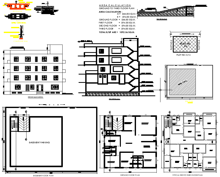 16.80x16.80m 1BHK Apartment CAD Plan with Basement Parking Section