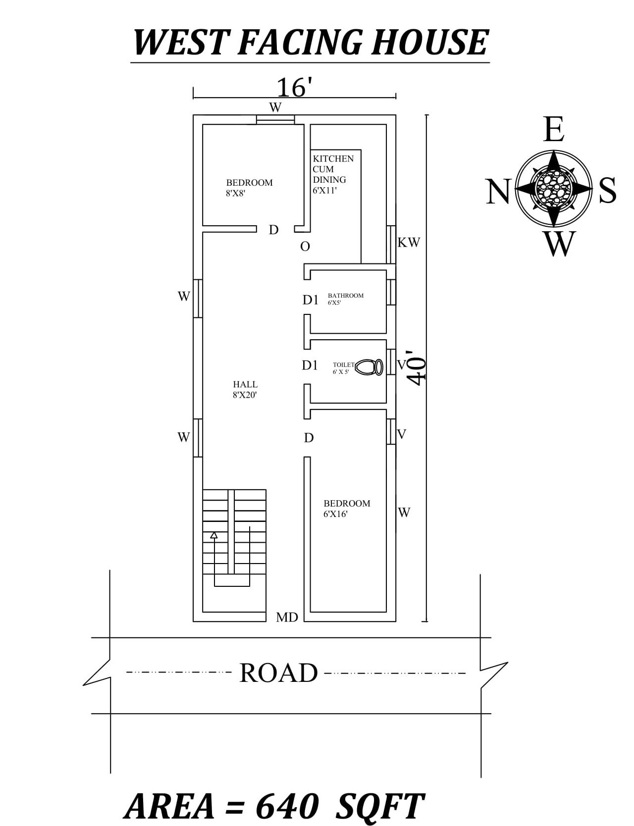 16'X40' , 640 Sqft 2bhk West facing House Plan As Per Vastu Shastra,Autocad DWG file Details.