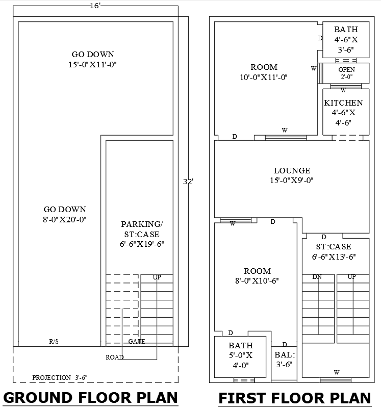16x32ft 2BHK house with godown plan DWG layout file