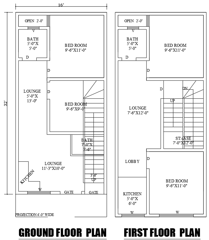 16x32ft 4BHK house plan DWG with ground and first floor