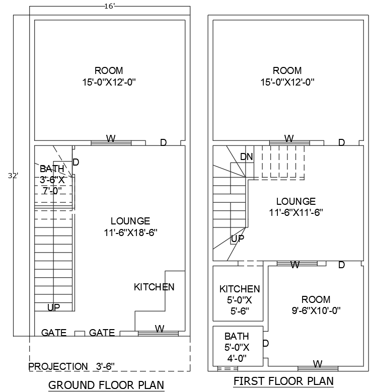 16x32ft 3BHK house plan DWG Block with two floor layout