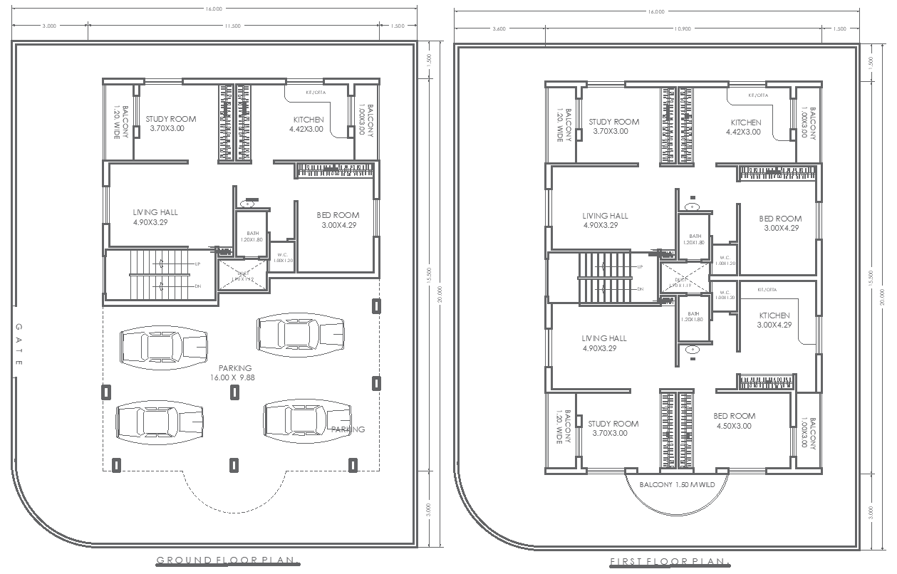 AutoCAD 16mx20m House Layout with Two Floor Design