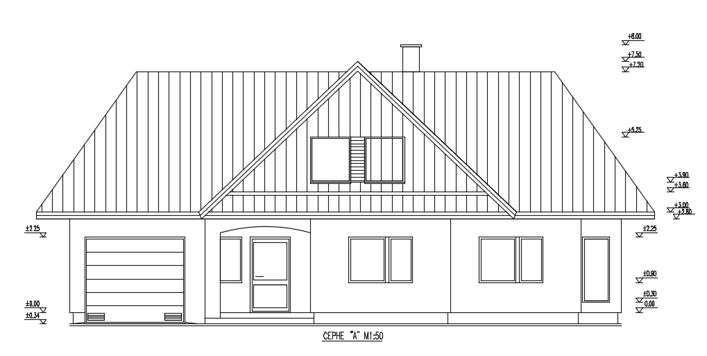 Detailed 16x12m Beach House Front Elevation DWG File