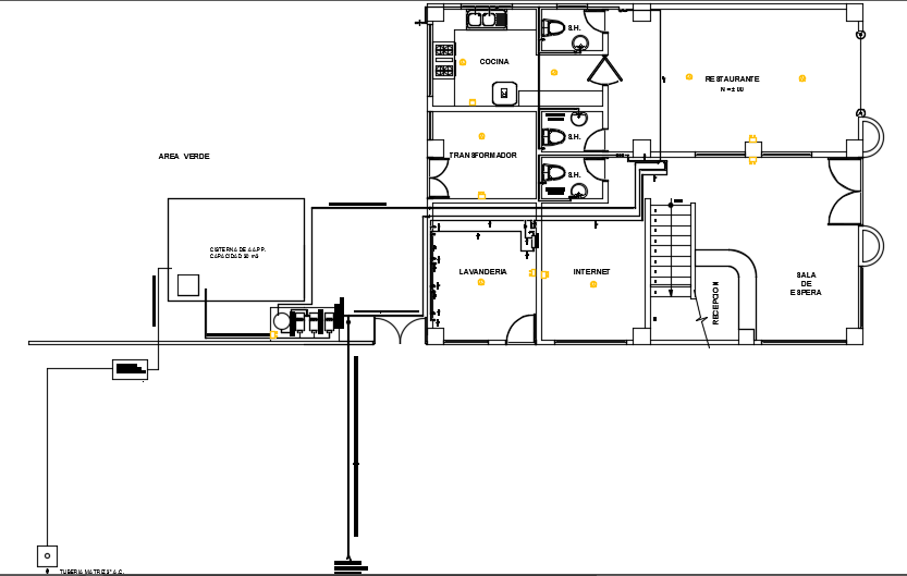 16x12m hotel building ground floor water line layout CAD drawing