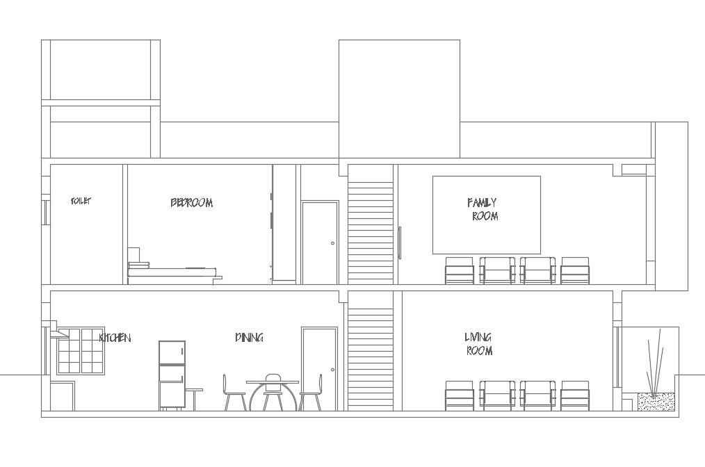 16x14m bungalow house building front cut section view