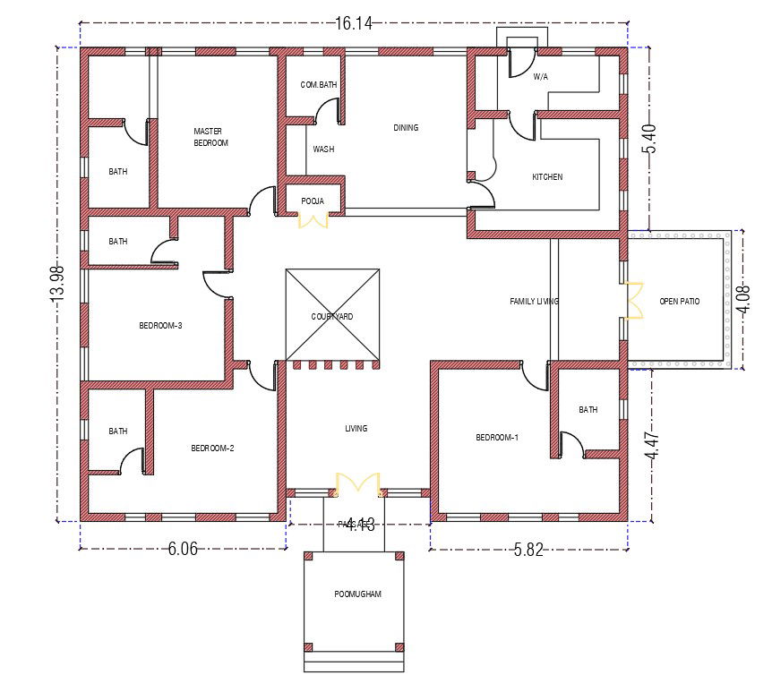 16x14m ground floor 4bhk house design CAD drawing