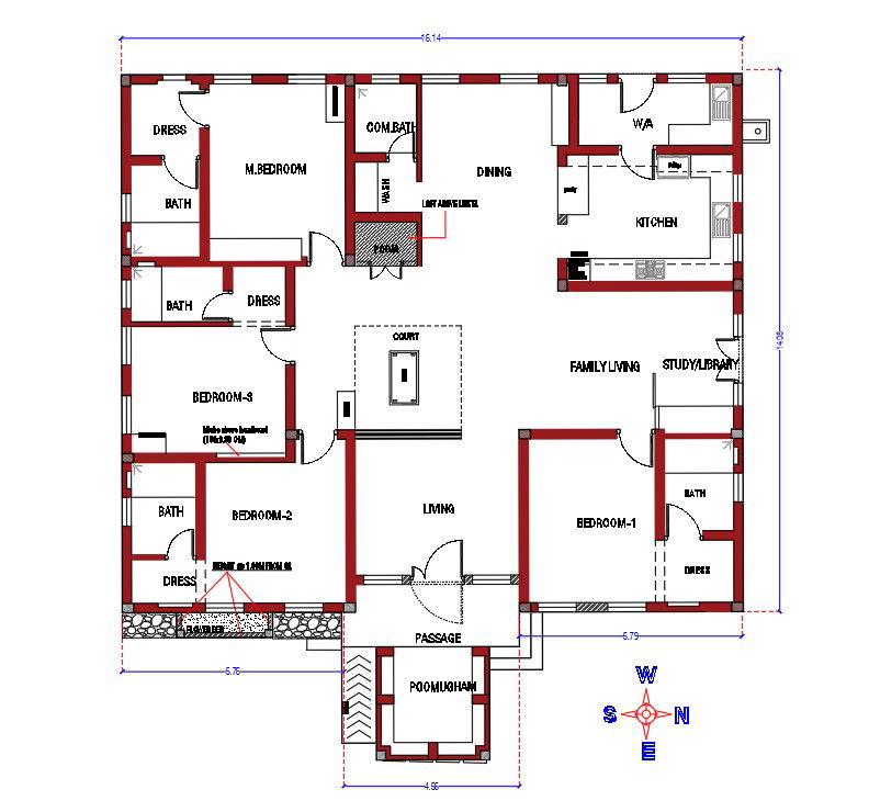 16x15m residential house plan with 4bhk AutoCAD drawing