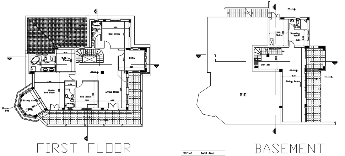 16x16m bungalow first floor and basement floor plan AutoCAD drawing