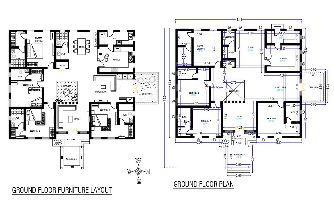16x17m residential house plan with 4 bedrooms