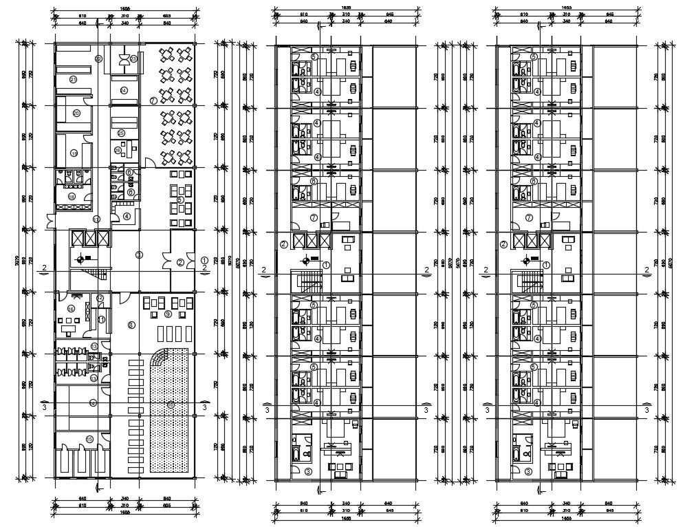 16x50m hotel plan is given in this Autocad drawing file. Download now.