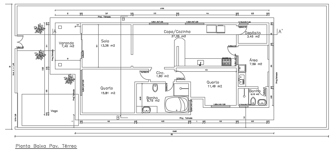 16x7m architecture house plan CAD drawing is given in this file